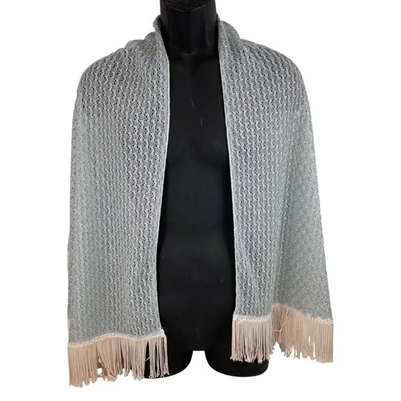 Vintage Light Gray Lace Knit Shawl With White Fringe Trim - Picture 7 of 9
